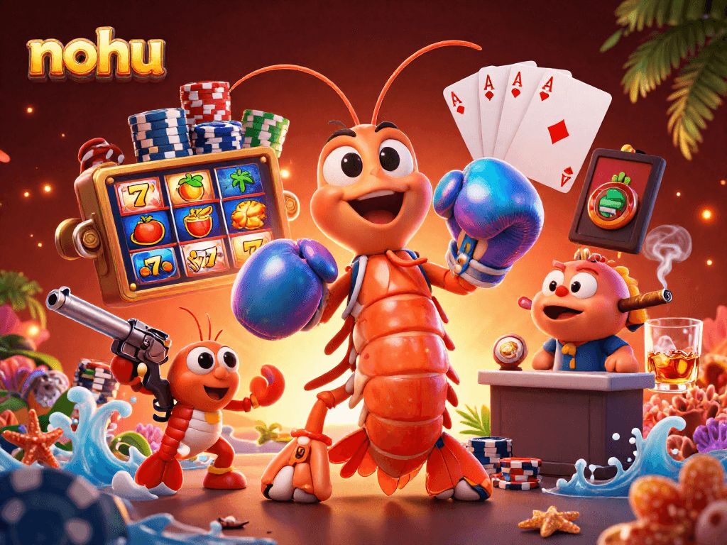Engage in nohu slots with a vibrant 3D scene featuring animated shrimp and exciting casino elements.