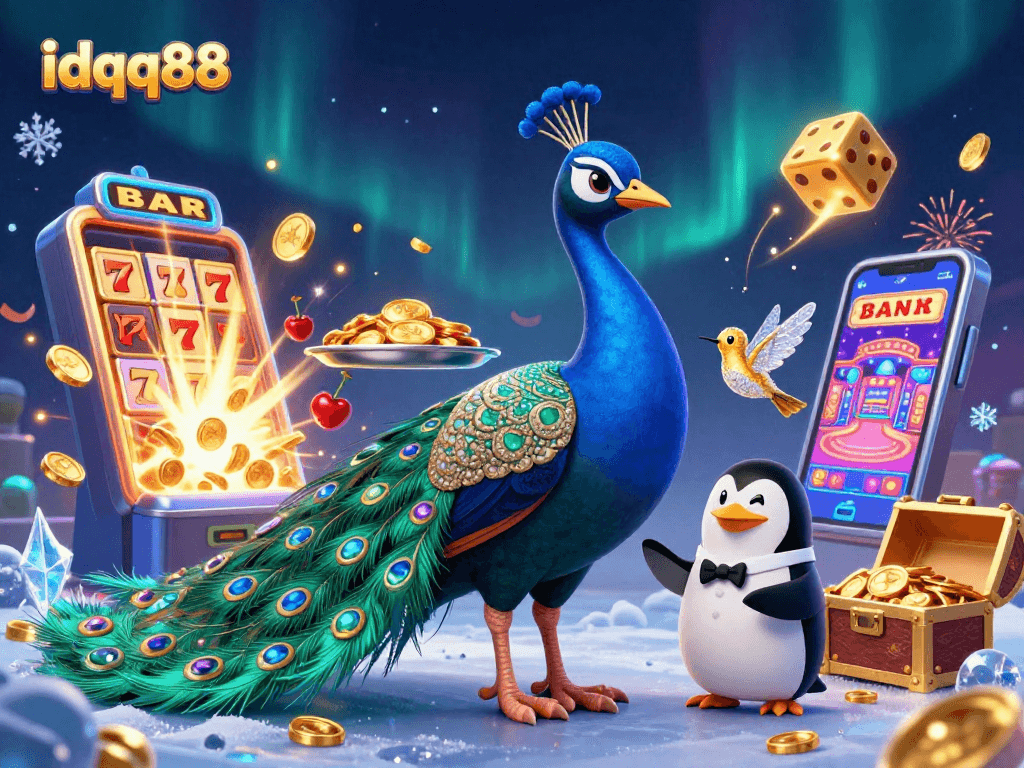 Play exciting games at idqq88 with a vibrant scene of whimsical characters and dynamic casino elements.