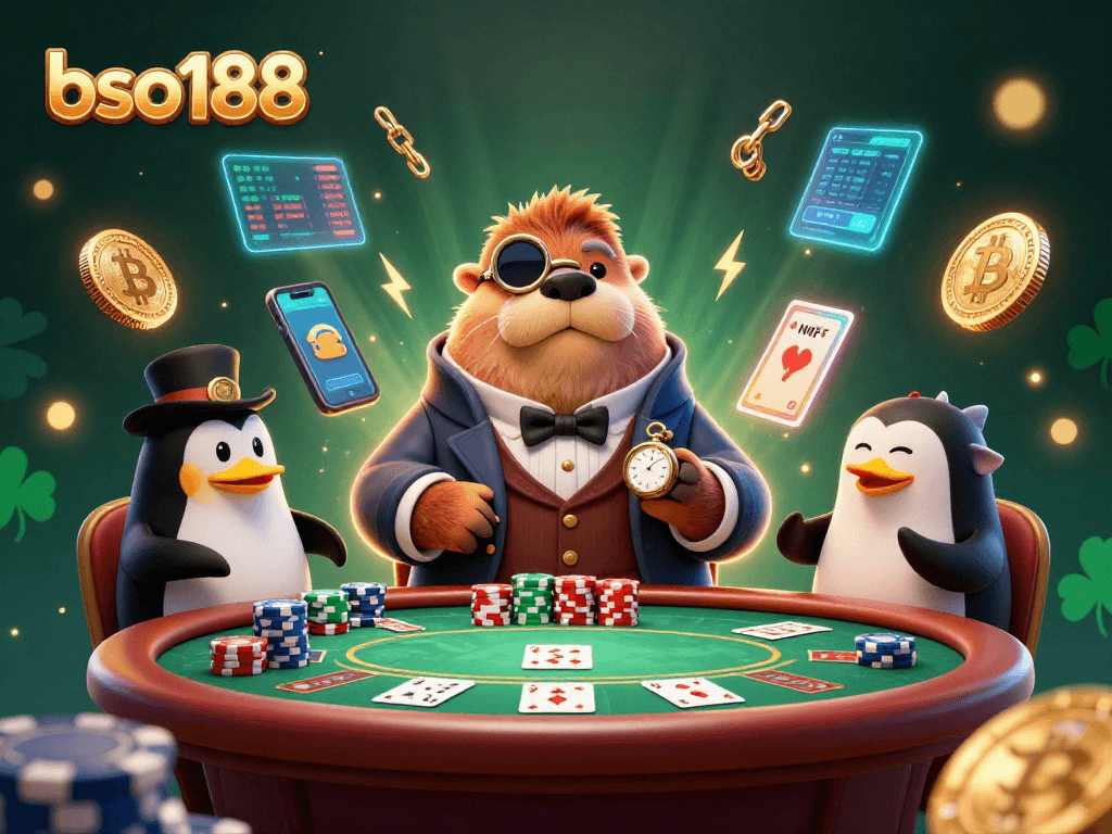 Play poker with bso188's jolly walrus, sophisticated penguin, and pufferfish in a vibrant undersea scene.