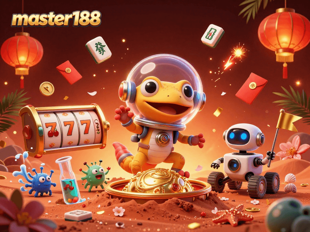 Celebrate wins at master188 with an exciting 3D casino scene featuring jubilant characters and dynamic gaming elements.
