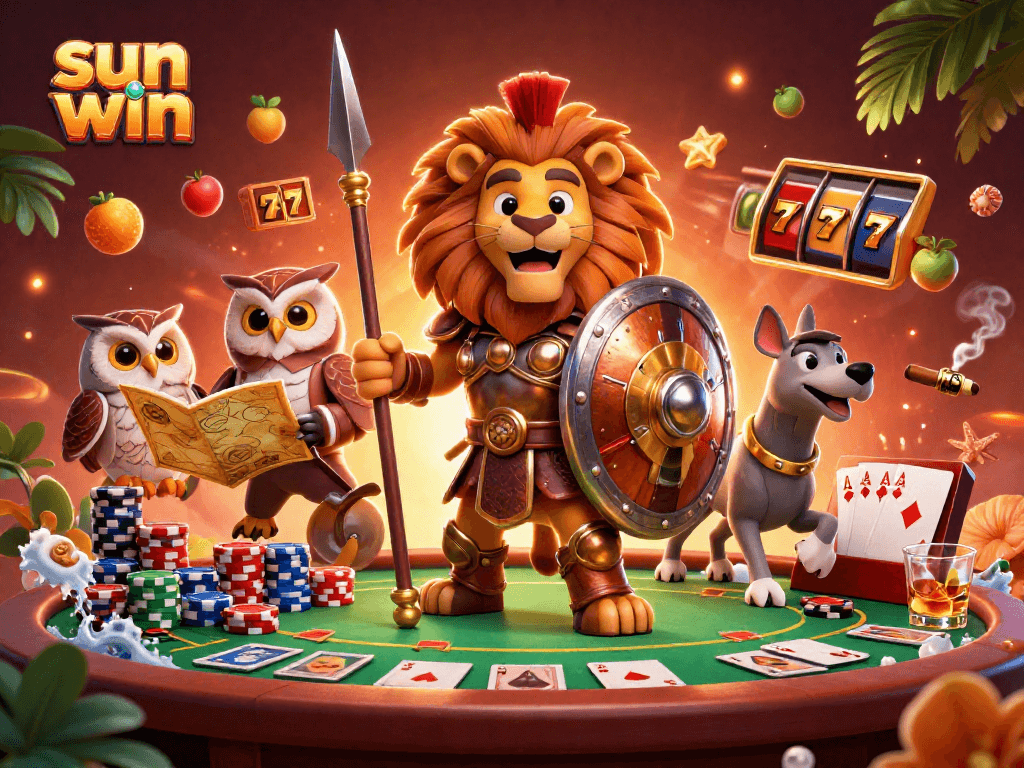 Experience thrilling gaming entertainment with sun win's vibrant 3D casino scene, featuring characters and slot elements.