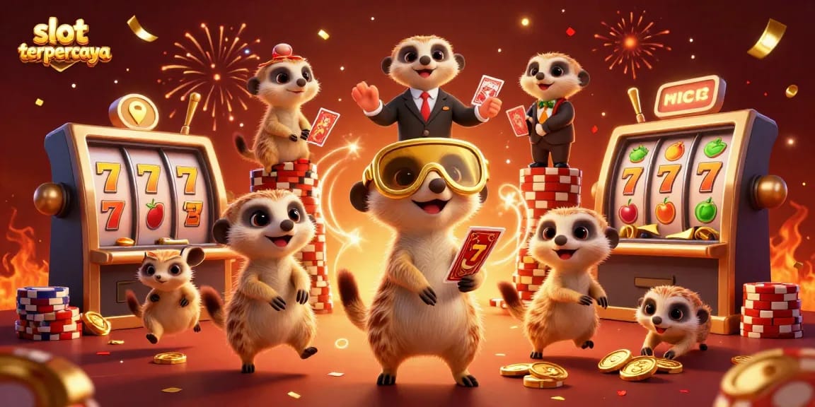 Menangkan pengalaman di slot terpercaya dengan simbol buah, jackpot, dan karakter lucu meerkat dikelilingi oleh keceriaan kasino.
