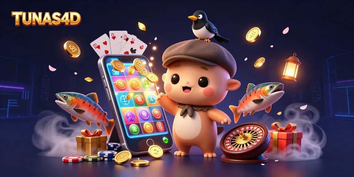 TUNAS4D players savoring a thrilling casino experience with vibrant 3D elements including slots and poker cards.