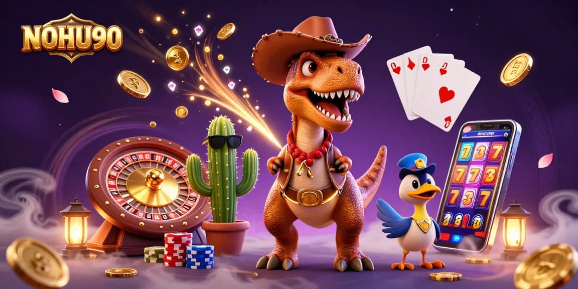 Join the adventure at NOHU90 with vibrant characters in a casino-themed scene overflowing with fun!