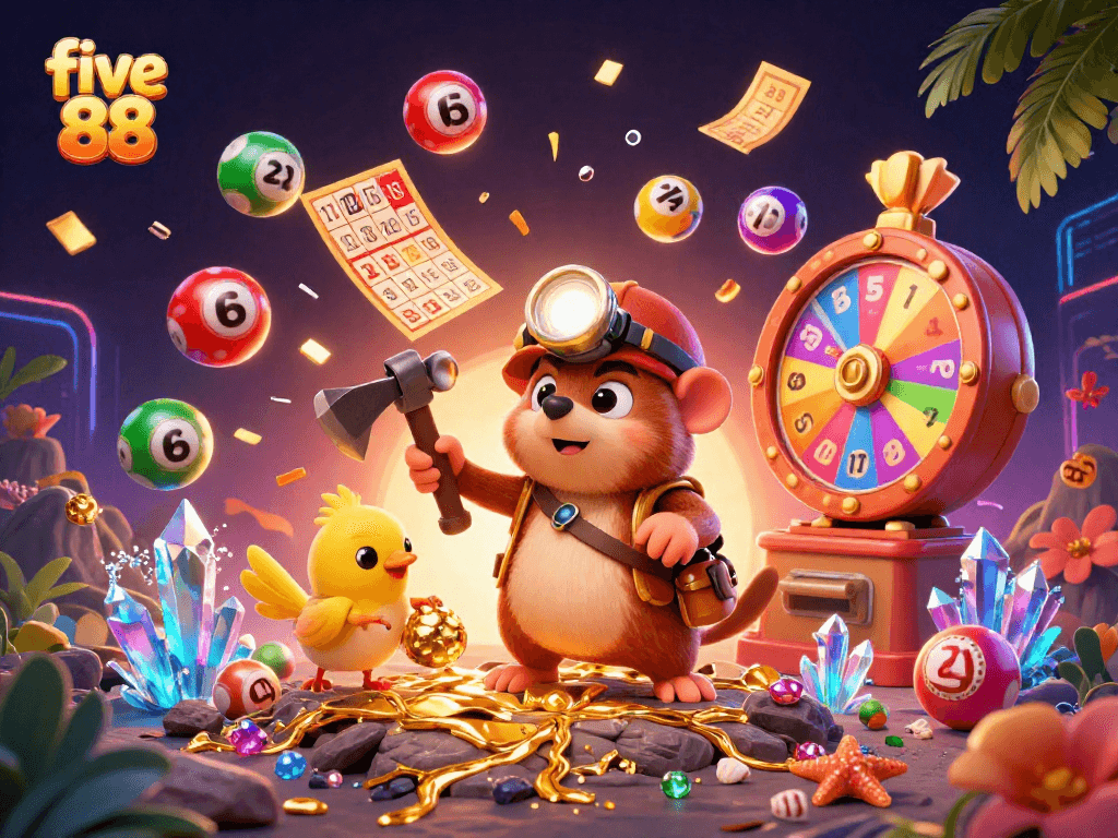 Exciting lottery scene featuring five 88 with dynamic lottery elements and a vibrant treasure hunt.