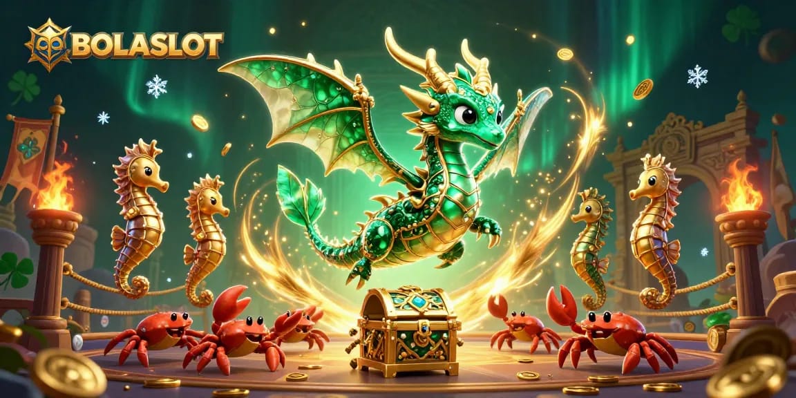 Experience thrilling wins with BOLASLOT, featuring an enchanting sea dragon and treasure chest amid a treasure-filled background.